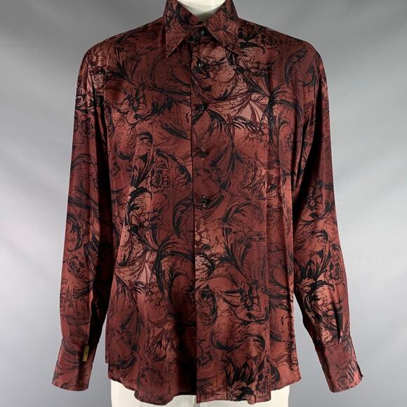 BILLIONAIRE COUTURE Size XL Brown Black Print Silk Button Up Long Sleeve Shirt - Picture 1 of 5
